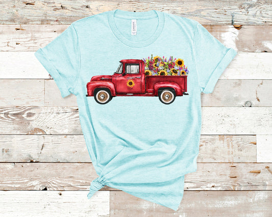 little red truck with sunflowers DTF