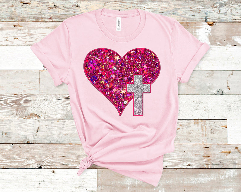 Faux pink glitter heart & cross DTF